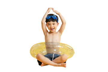 Asian kid A cute little boy is sitting inside an inflatable ring and wearing swim goggles, ready for some aquatic fun. PNG