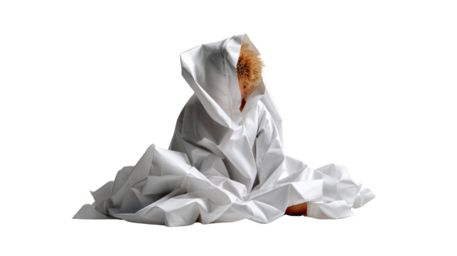 Solitary Figure: A person swathed in white material sits, their form creating an abstract, introspective image, and conveying a sense of mystery and solitude. 