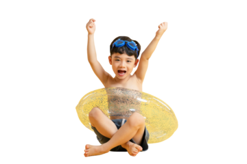 Asian kid A joyful child in a swim ring, raising hands in excitement with a pair of goggles on PNG