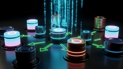 Futuristic AI Big Data Network: Neon Cylinders and Data Stream - Powered by Adobe