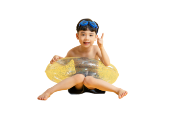 Asian kid A cheerful boy wearing swim goggles and holding an inflatable ring. He sits happily, offering a peace sign PNG