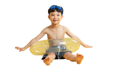 Asian kid A cheerful young boy prepares for a swim, wearing goggles and a float ring on PNG