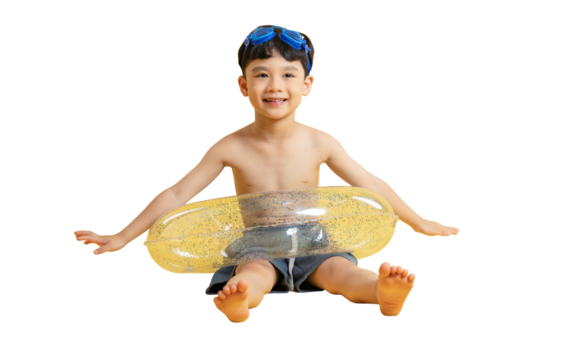 Asian kid A cheerful young boy prepares for a swim, wearing goggles and a float ring on PNG