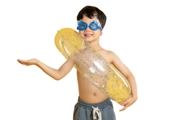 Asian kid A cheerful child wearing swimming goggles holding an inflatable item, ready for summer on PNG
