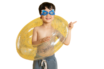 Asian kid A cheerful boy wearing swimming goggles, holding a inflatable ring and pointing cheerfully on PNG
