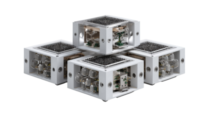 Geometric Tech: Four sleek, high-tech cubic modules showcase the intricate details of cutting-edge engineering and design, offering a glimpse into innovation.