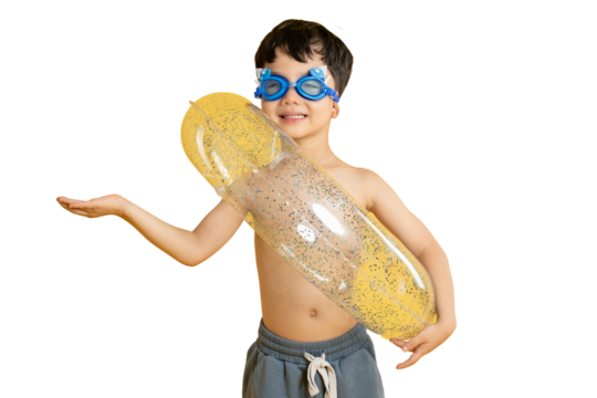 Asian kid A cheerful child wearing swimming goggles holding an inflatable item, ready for summer on PNG