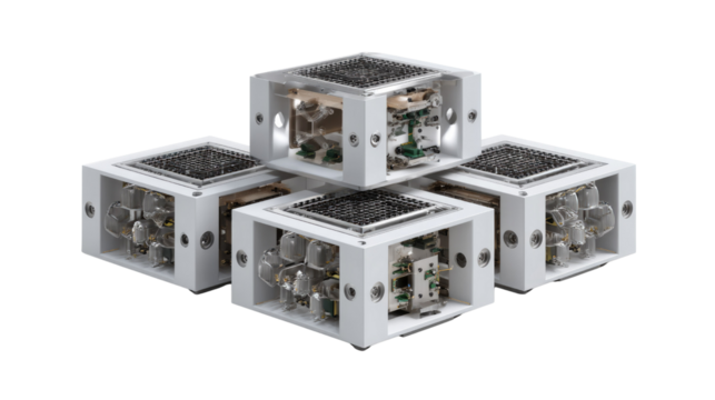 Geometric Tech: Four sleek, high-tech cubic modules showcase the intricate details of cutting-edge engineering and design, offering a glimpse into innovation.