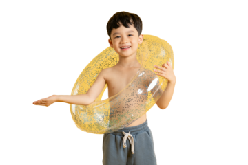 Asian kid A cheerful young boy holding a transparent floatie in preparation for the beach or pool on PNG