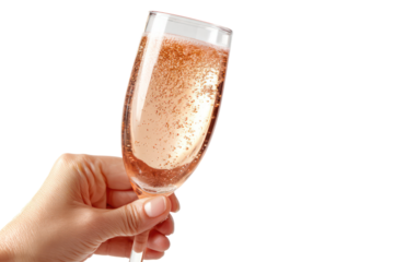 Elegant hand holding a flute glass of sparkling apple cider on transparent background