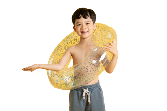Asian kid A cheerful young boy holding a transparent floatie in preparation for the beach or pool on PNG