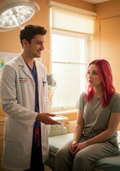 Doctor nurse and patient support and discussion at hospital for consulting, assistance discussion and doing meeting home