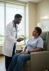 Doctor nurse and patient support and discussion at hospital for consulting, assistance discussion and doing meeting home