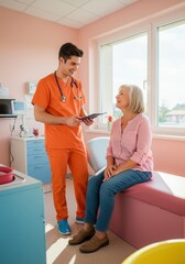 Doctor nurse and patient support and discussion at hospital for consulting, assistance discussion and doing meeting home