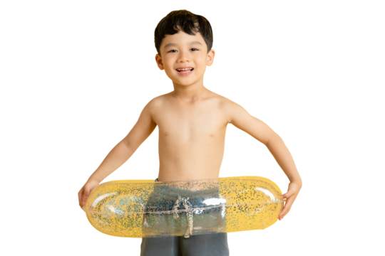 Asian kid A child joyfully holding a yellow inflatable ring, ready for the summer fun on PNG - Powered by Adobe