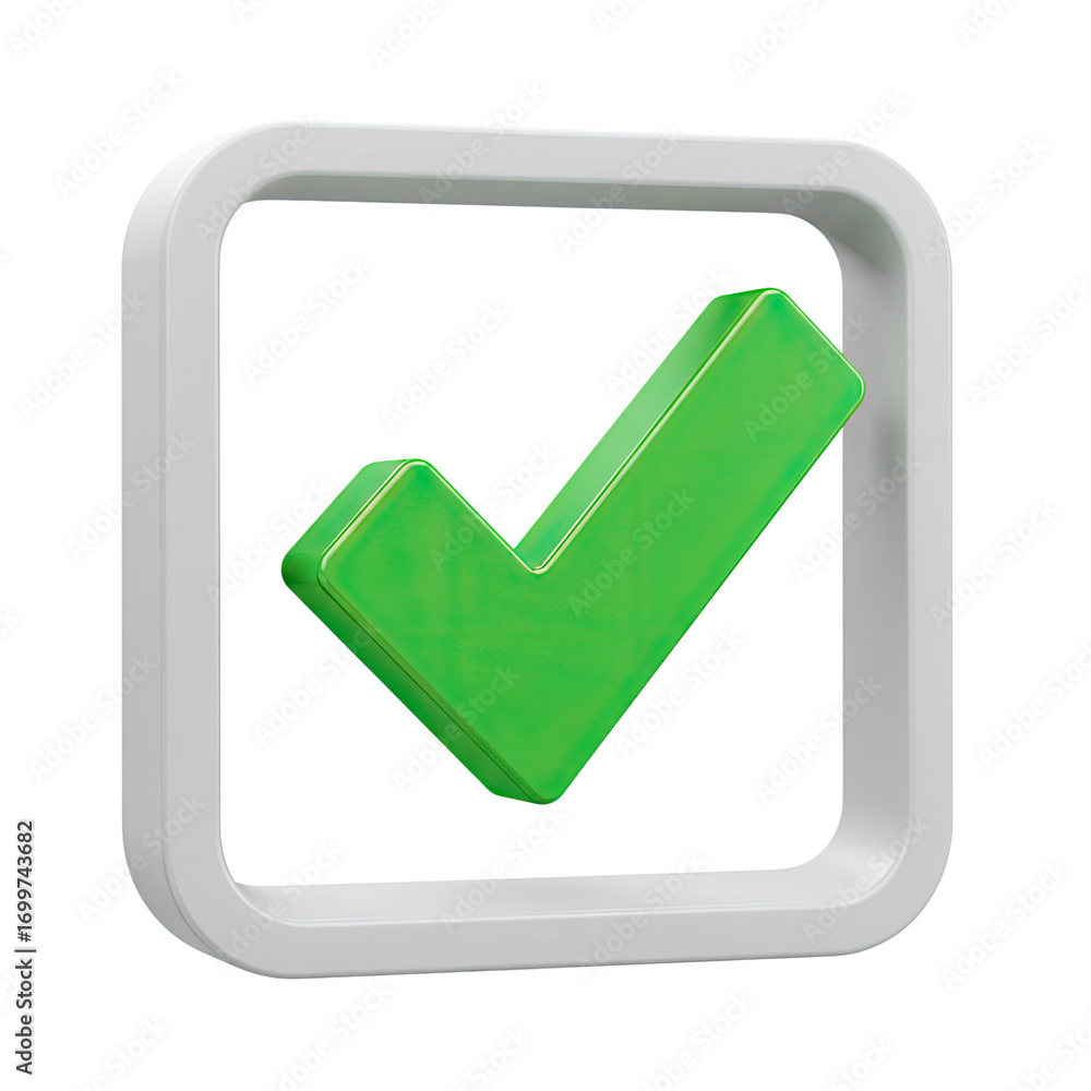 Poster green check mark inside a white square outline isolated on transparent background