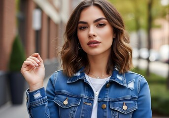 Stylish Woman in Tailored Dark Wash Denim Jacket