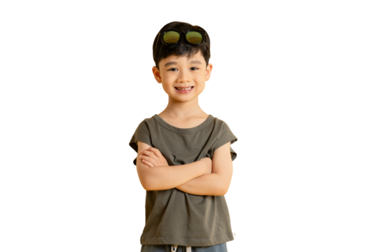Asian A cheerful Asian boy smiles while wearing sunglasses on PNG - Powered by Adobe