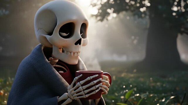 A cheerful skeleton in a cozy blanket enjoying a warm drink in a sunlit forest