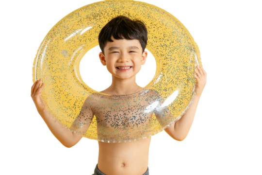 Asian Joyful young boy wearing an inflatable ring smiling at the camera, getting ready for his beach vacation on PNG