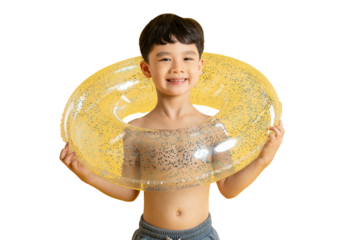 Asian Happy child holding a yellow swimming ring. He is looking at the camera with a big smile and joy on PNG