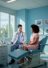 Doctor nurse and patient support and discussion at hospital for consulting, assistance discussion and doing meeting home
