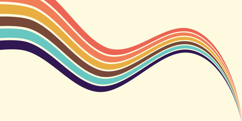 Abstract colorful 70s background vector. Vintage retro wallpaper with rainbow stripes and wavy lines. A 1970 color illustration suitable for posters, banners, decorative items and wall art.