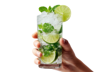 Hand gripping a tall mojito mocktail with lime wedges on transparent background