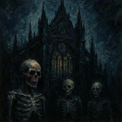 Nightmare scene with gothic cathedral and three skeletons dancing.