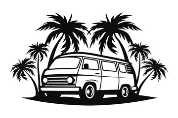Black Line Art of Camper Van with Open Door and Palm Trees on White Background