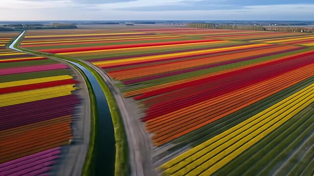 Aerial view of vibrant tulip fields in full bloom, showcasing colorful rows and a winding road