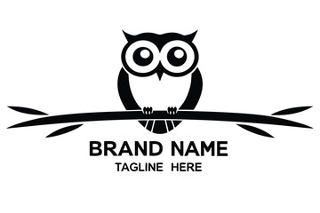 Black Owl Perched on Branch Silhouette against White Background Logo Design