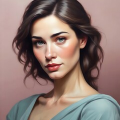 Elegant portrait of a young woman with dark hair and green eyes