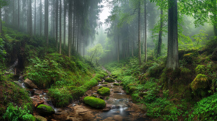 Obraz premium Misty forest stream flows through lush green mossy banks tall trees surround the tranquil scene