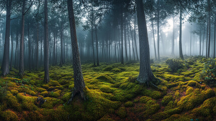 Obraz premium Misty forest scene with moss covered ground and tall trees