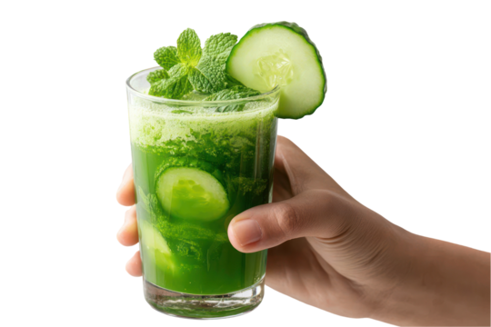 Hand holding a clear glass of green detox juice with mint on transparent background