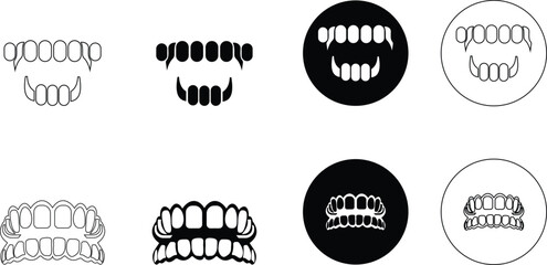 Fototapeta premium Vampire fangs icon set vector illustration created with bold sharp lines and dramatic gothic style, symbolizing legendary myth of vampires, horror stories, and dark fantasy culture. gothic branding,