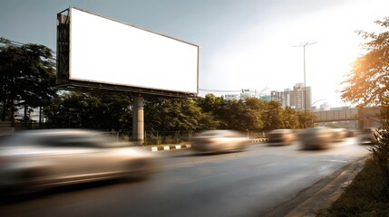 A blank billboard along a busy road, capturing the movement of rushing cars in the warm glow of sunset.
