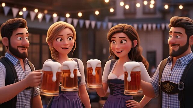 Group of friends joyfully celebrating with beer mugs at a lively outdoor festival setting