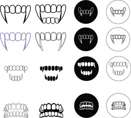 Vampire fangs icon set vector illustration created with bold sharp lines and dramatic gothic style, symbolizing legendary myth of vampires, horror stories, and dark fantasy culture. gothic branding,