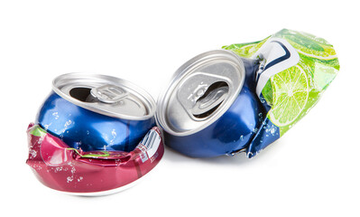 Crushed and prepared for recycling aluminum cans from soft drinks and non-alcoholic beers.