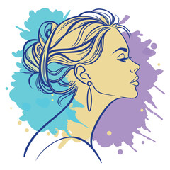 Elegant Woman Line Art Portrait with Watercolor Splash Background