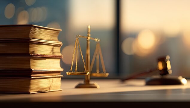 Law books, scales, gavel on desk, city view - Powered by Adobe