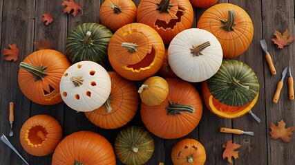 A vibrant collection of carved pumpkins scattered on a wooden surface with autumn leaves