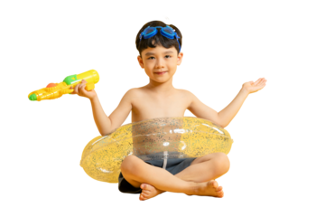Asian Young Boy Posed With A Water Gun, Inflatable Ring, And Goggles on PNG