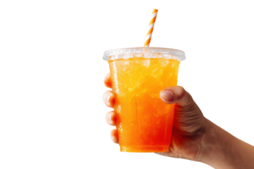 Hand holding a plastic cup filled with orange soda and ice on transparent background