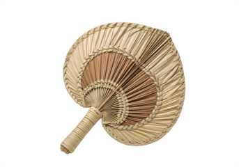 Hand fan made of woven palm leaves isolated on transparent background, a traditional accessory for cooling and decoration in tropical regions