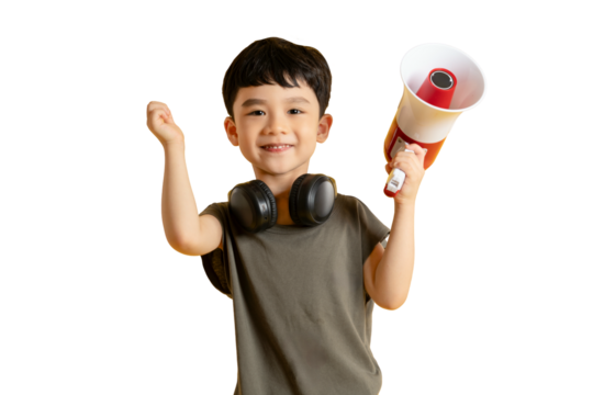 Asian young boy joyfully holding a megaphone with headphones around his neck on PNG