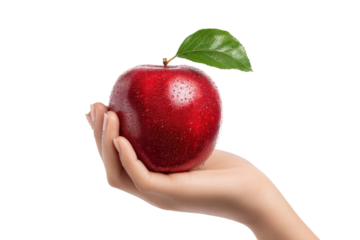Hand holding a red apple with a green leaf attached on transparent background