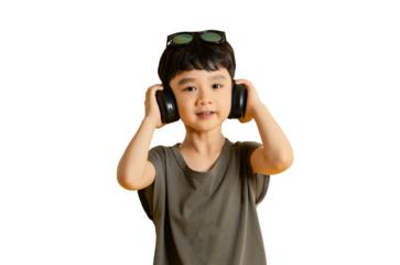 Asian young boy wearing headphones and sunglasses, enjoying music on PNG